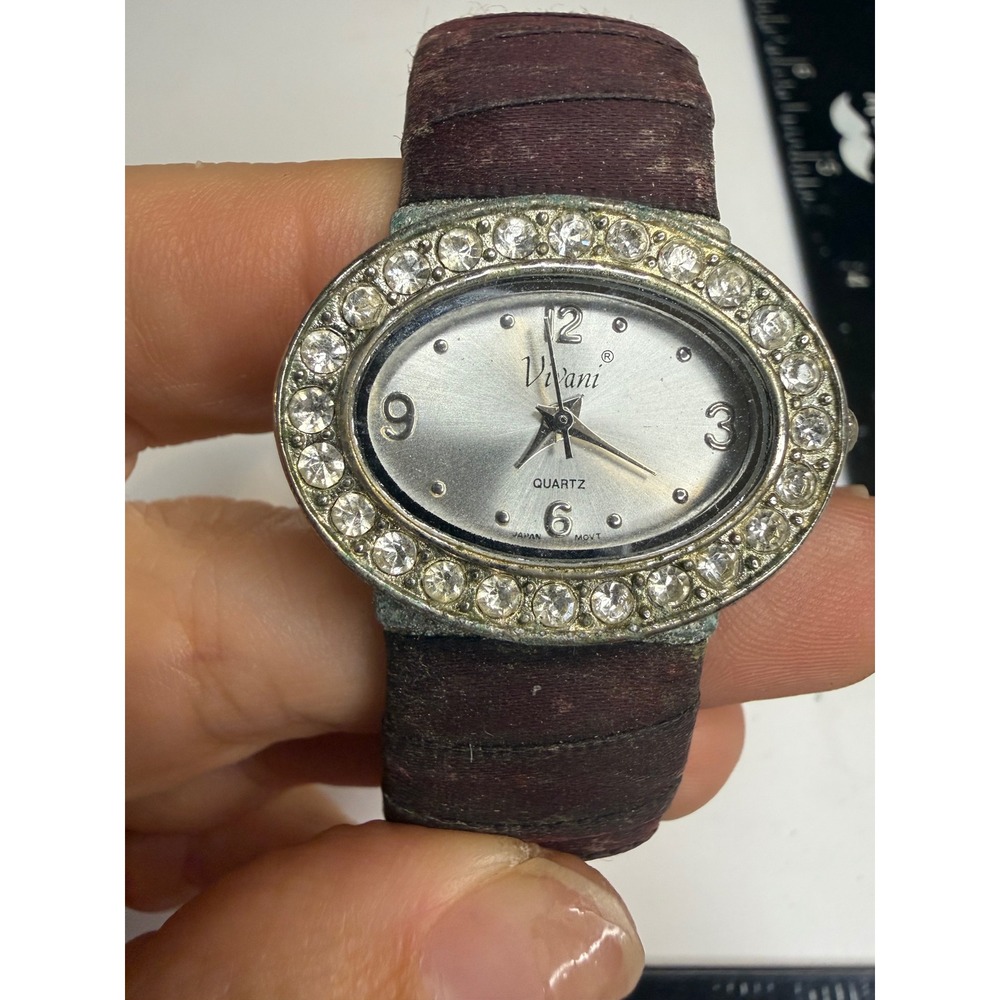 Vivani Quartz Watch Womens CS4665 Rhinestone Oval Face Burgundy Fabric Cuff Band